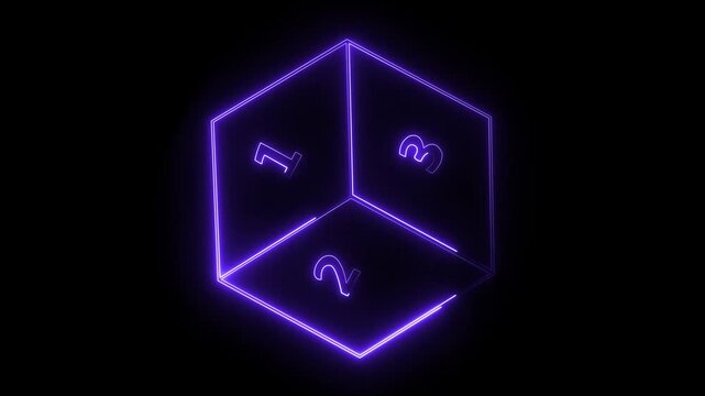 Glowing purple neon outline cube animation with numbers 1, 2, 3 on faces, black background, geometry, mathematics, education, or abstract concept
