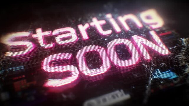 Stream starting soon screen with animated virtual overlay loop concept. Features glowing text and a dynamic background.