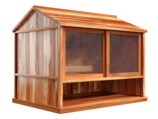 Rustic wooden aviary with open bottom and mesh panels for birds