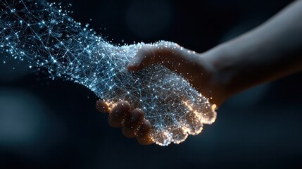 Digital handshake: A striking visualization of a handshake rendered in a mesmerizing digital network, symbolizing connection, collaboration, and technological advancement.