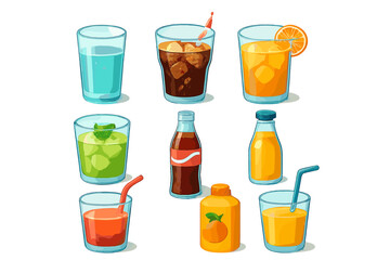 Collection of colorful beverages in clear glasses arranged on a white background for a refreshing display