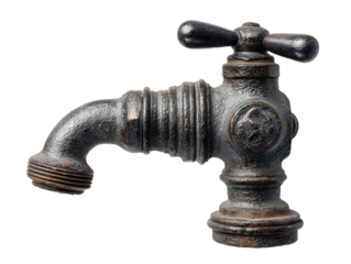 Antique metal water faucet with ornate detailing isolated on black background