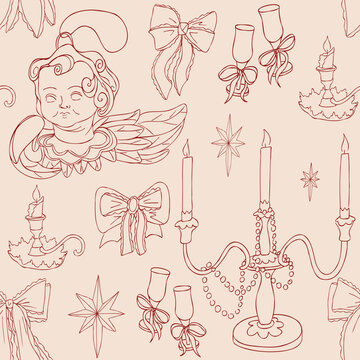 Coquette seamless pattern with cherub angel, bows, candelabra, candleholder in vintage contour style. Whimsical print for Valentine's Day. Vector hand drawn illustration for packaging, wrapping paper