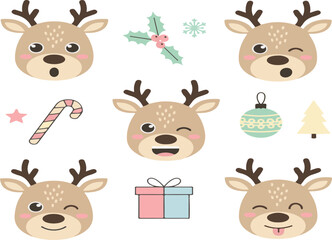 Cute pastel reindeer faces with various expressions, paired with Christmas icons like holly, snowflake, candy cane, ornament, tree, star, and gift in soft flat vector style.