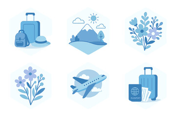 Set of travel icons including luggage, airplane, passport, mountain, and flower symbols