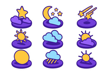 Colorful weather forecast icons set featuring sun, moon, stars, clouds, and rain symbols