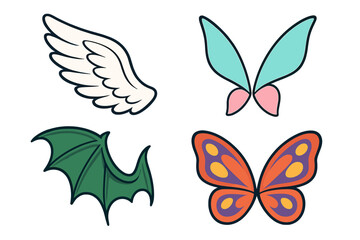 Illustrations of different wing designs including bird wings, butterfly wings, and mythical creature wings in bright colors