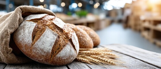 Bread baking in an industrial bakery factory with warm light and a focus on fresh loaves placed on a rustic wooden table