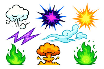 Cartoon comic book style special effects elements set including explosions smoke and fire © icon_art