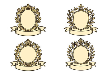 Elegant collection of vintage ornate frames, crests, and shield emblems with blank ribbon banners