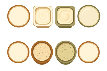 Collection of various dipping sauces and condiments in small serving containers viewed from above