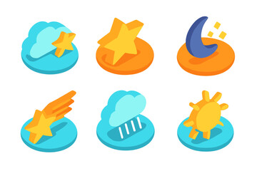 Colorful isometric icons representing weather conditions and celestial objects for forecast applications