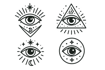 Collection of esoteric eye symbols with celestial elements and sacred geometry