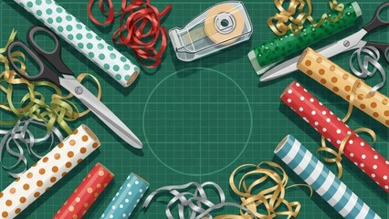 Overhead view of gift wrapping supplies on a green cutting mat, including various rolls of wrapping paper, ribbons, and scissors, arranged around a central empty space.