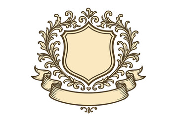 Decorative vintage shield emblem with ornate floral designs and blank center for custom text