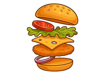 Deconstructed chicken burger showing layers of bun patty cheese lettuce and tomato