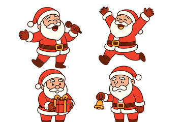 Cheerful Santa Claus in four different poses singing, jumping, holding a gift, and ringing a bell