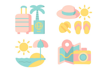 Fototapeta premium Colorful travel-themed illustration featuring holiday essentials and sunny beach vibes for vacation planning
