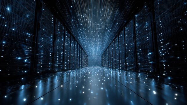 Digital Data Center: A striking digital rendering of a data center, filled with rows of servers and illuminated with ethereal blue light. - Powered by Adobe