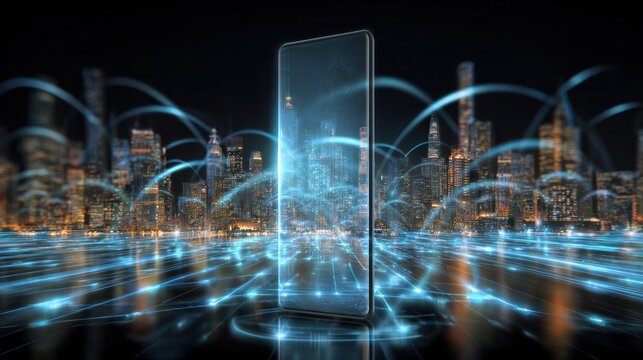 Digital Cityscape: A modern smartphone glows with data streams, reflecting a vibrant cityscape, symbolizing connectivity and innovation in the digital age. - Powered by Adobe