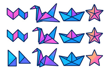 Naklejka premium Colorful origami shapes featuring cranes, boats, and stars in vibrant gradients on a white background