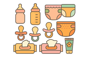 Baby care essentials in pastel colors including bottles, diapers, pacifiers, and wipes for infants and toddlers