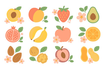 Assortment of healthy fresh fruits, nuts, and berries decorated with small pink flowers and green leaves