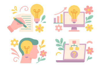 Creative process illustrated with light bulbs, plants, and tools in a colorful design showing brainstorming, planning, and problem-solving
