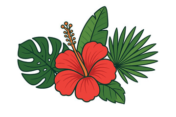 Vibrant tropical floral bouquet featuring a bright red hibiscus bloom and diverse green jungle foliage © icon_art