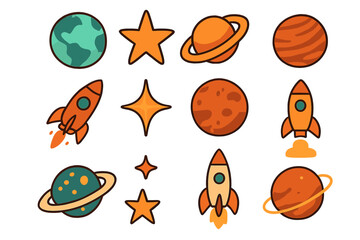 Colorful space themed illustrations of planets, rockets, and stars in a fun and playful design