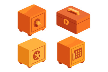 Obraz premium Isometric set of security safes and lockboxes with combination dials and digital keypads