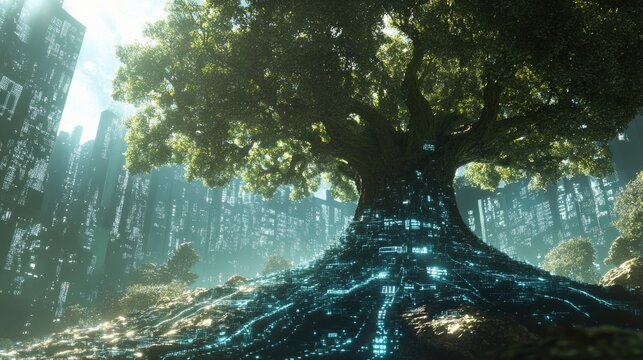 Chronicles of Digital Resilience, image of a towering tree with roots extending deep into a digital landscape