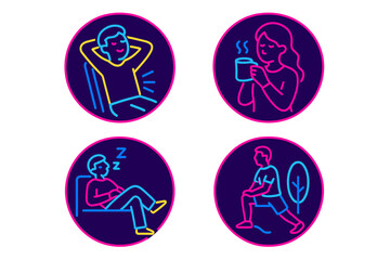 Neon line art symbols of daily self care activities like relaxing and sleeping