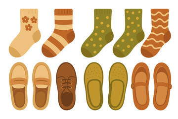 Detailed collection of patterned socks and various casual footwear including loafers and slippers in warm earthy tones