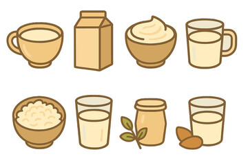 Various dairy and non-dairy products displayed in different containers and cups on a neutral background