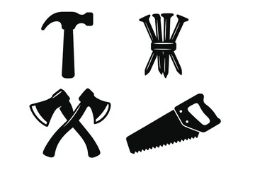 Essential construction and carpentry tools including hammer, nails, crossed axes, and handsaw
