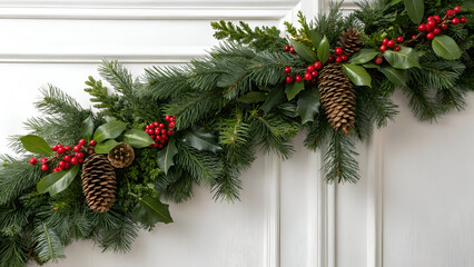 Classic pine garland featuring natural Christmas greenery displayed on a crisp white background.