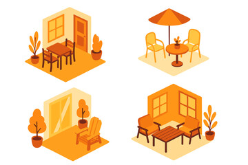 Cozy orange-themed outdoor and indoor seating areas designed for relaxation and social gatherings