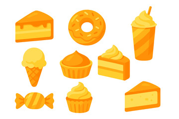 Collection of sweet desserts including cheesecake, donut, ice cream, and creamy cupcakes