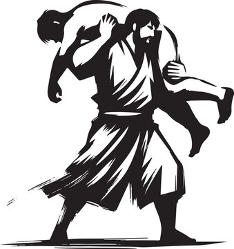 Monochrome sumi-e style illustration featuring a man carrying an