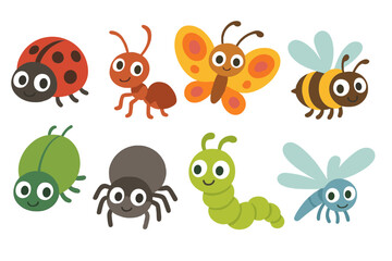 Collection of cute smiling cartoon insects and bugs like ladybug, ant, bee, spider, caterpillar, and dragonfly