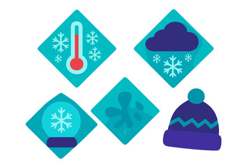Thermometer, snowing cloud, snow globe, and warm hat representing winter weather