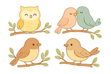 Adorable cartoon birds set featuring a happy owl and a loving pair on tree branches