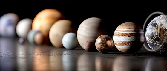 3D rendering of the solar system with planets orbiting sun under dark background showing intricate patterns and glowing celestial bodies