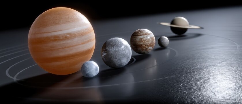 3d rendering of the solar system with planets orbiting the sun in a dark space setting illustrating celestial bodies and their rings - Powered by Adobe
