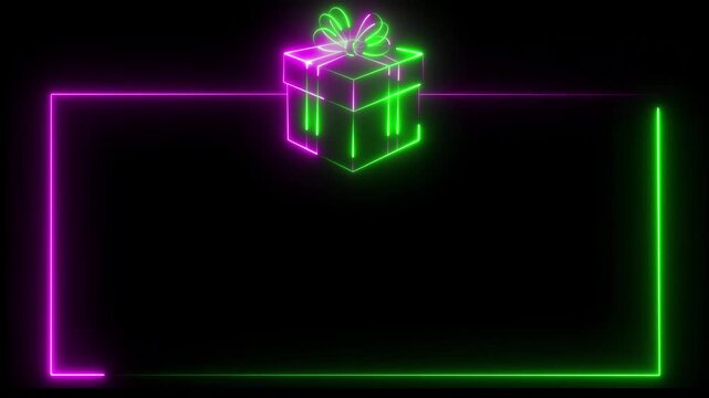 Glowing neon gift box with a bow animation and a rectangular border in green and purple on black background, festive surprise, holiday gift, celebration, or promotion
