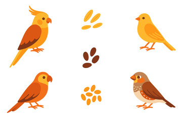 Cute domestic pet birds set featuring cockatiel, canary, and finch with scattered seeds