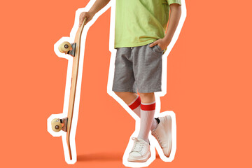 Little boy with skateboard on orange background © Pixel-Shot