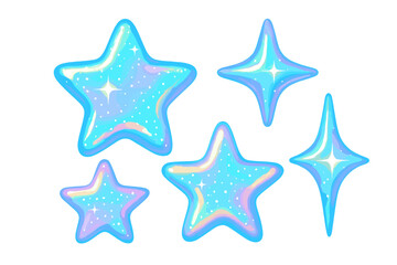 Bright blue and cyan holographic stars and magical sparkles with glitter effect isolated on white