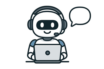 Friendly robot assistant working at a computer, ready to help with questions and tasks